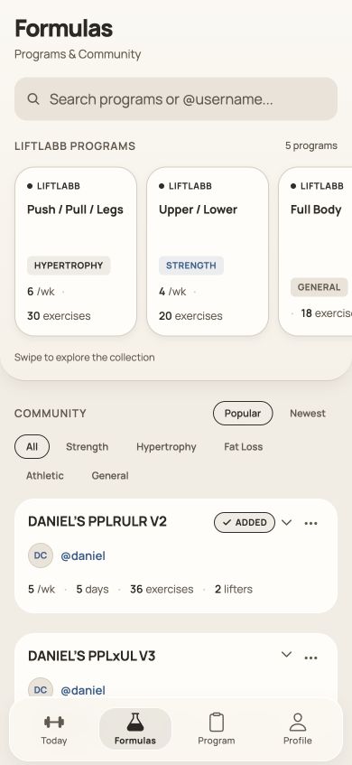 LiftLabb formulas: the official LiftLabb program rail, and a searchable, filterable list of community programs with their creators