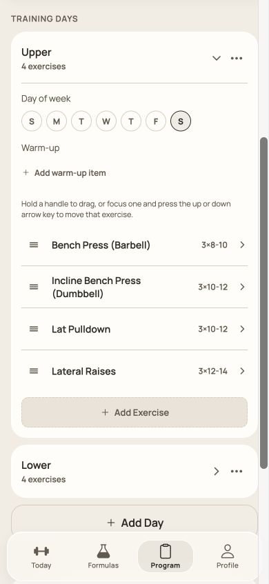 LiftLabb program detail with an Upper training day expanded, showing day-of-week scheduling, warm-up controls, and four exercises with their rep ranges
