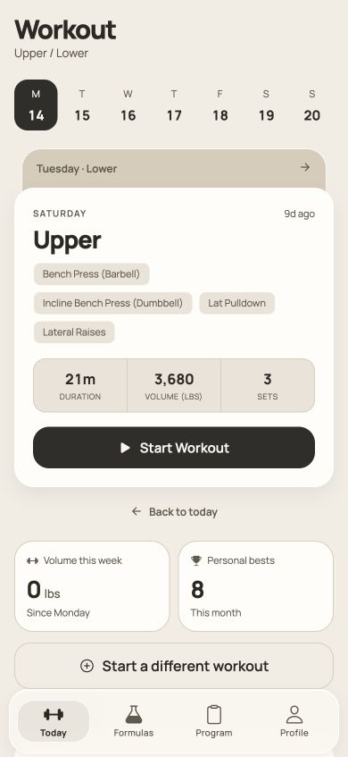 LiftLabb showing an Upper workout preview: the exercises in the session, and the duration, volume and sets from the previous time it was trained